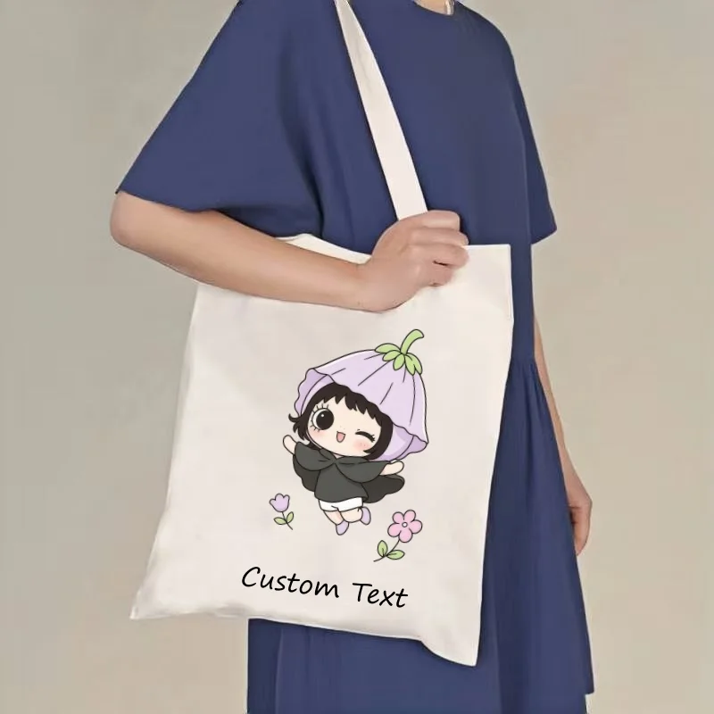 Custom Text Purple Bell‑flower Girl Print Canvas Tote Bag Personalized Name Shoulder Bag Reusable Eco‑friendly Shopping Handbag