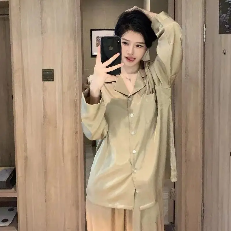 2024 New Couple Green Pyjamas Sets Ladies Long Sleeve Fashion Casual Sleepwear Pajamas Set Men Turn-down Collar and Button Home