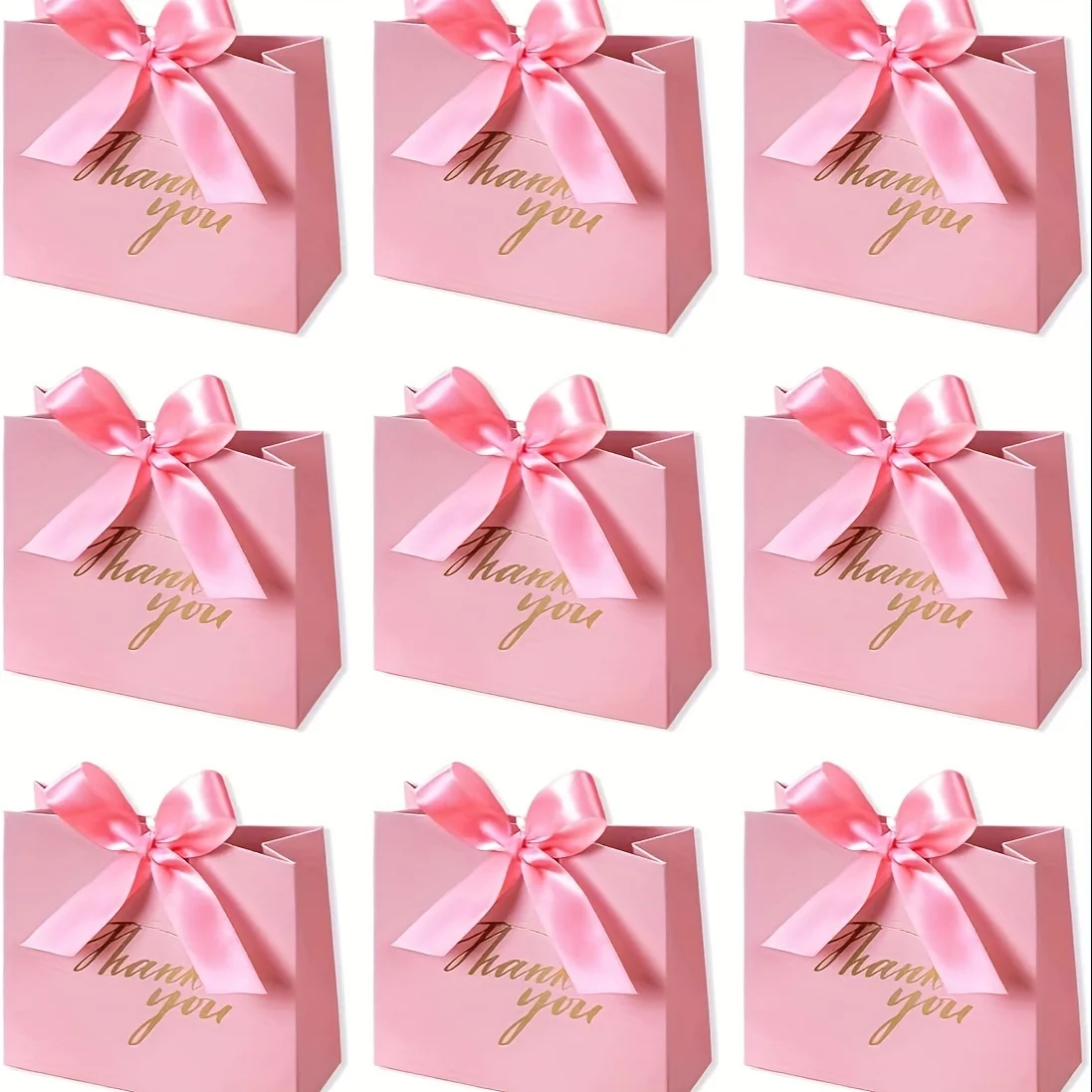 

24-Pack Small Thank You Gift Bags - Rose Red Bow Ribbon Toppers on Pink Pattern Paper - Durable, Multipurpose Bulk Bags for Wedd