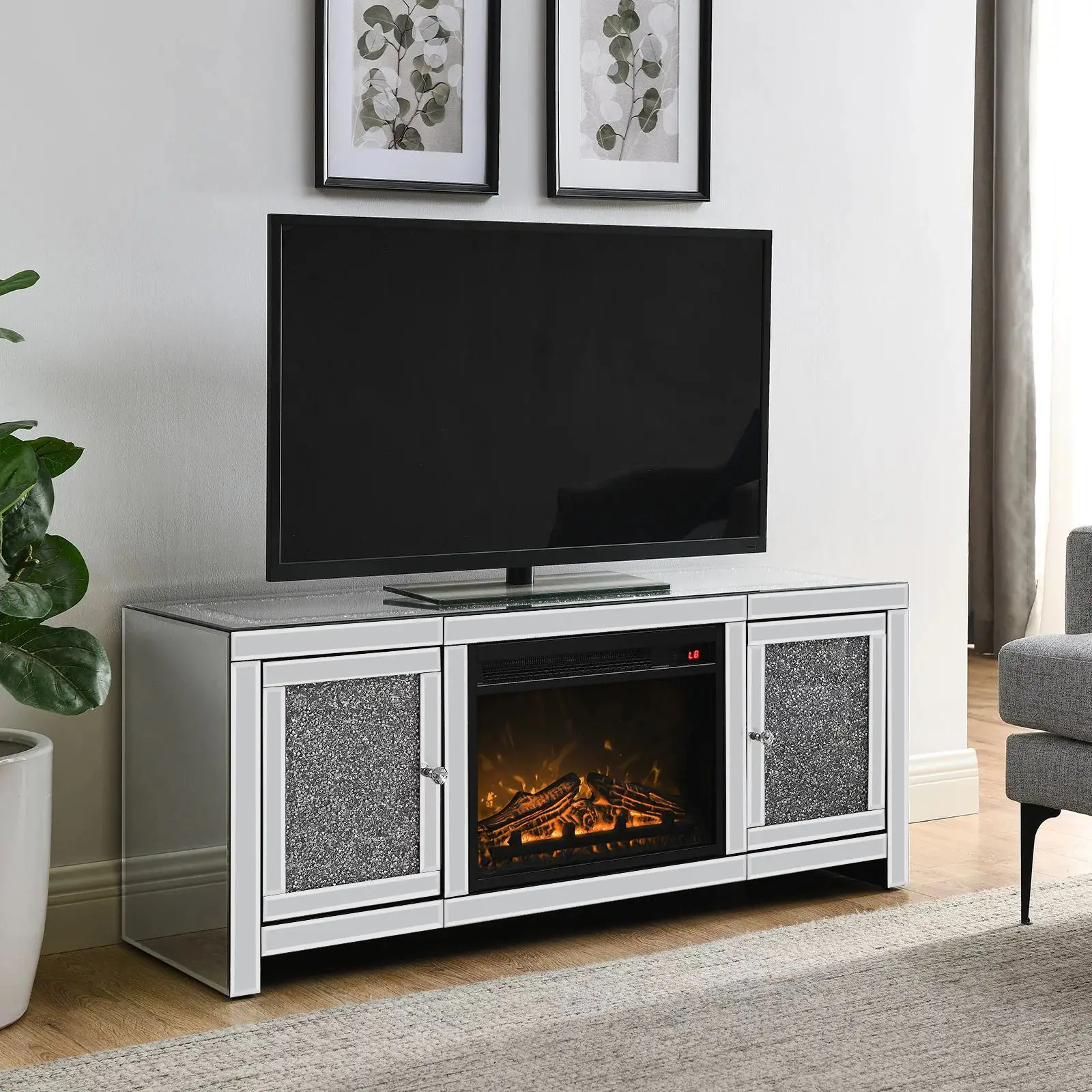 High-end modern mirror fireplace 47.2-inch TV stand with double hidden doors, multi-color flame adjustment