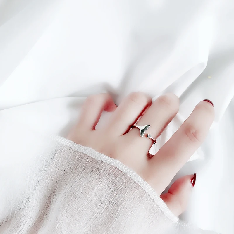 Mermaid Fish Tail Whale Sweet Literary 925 Sterling Silver Resizable Opening Ring For Women Luxury RI317