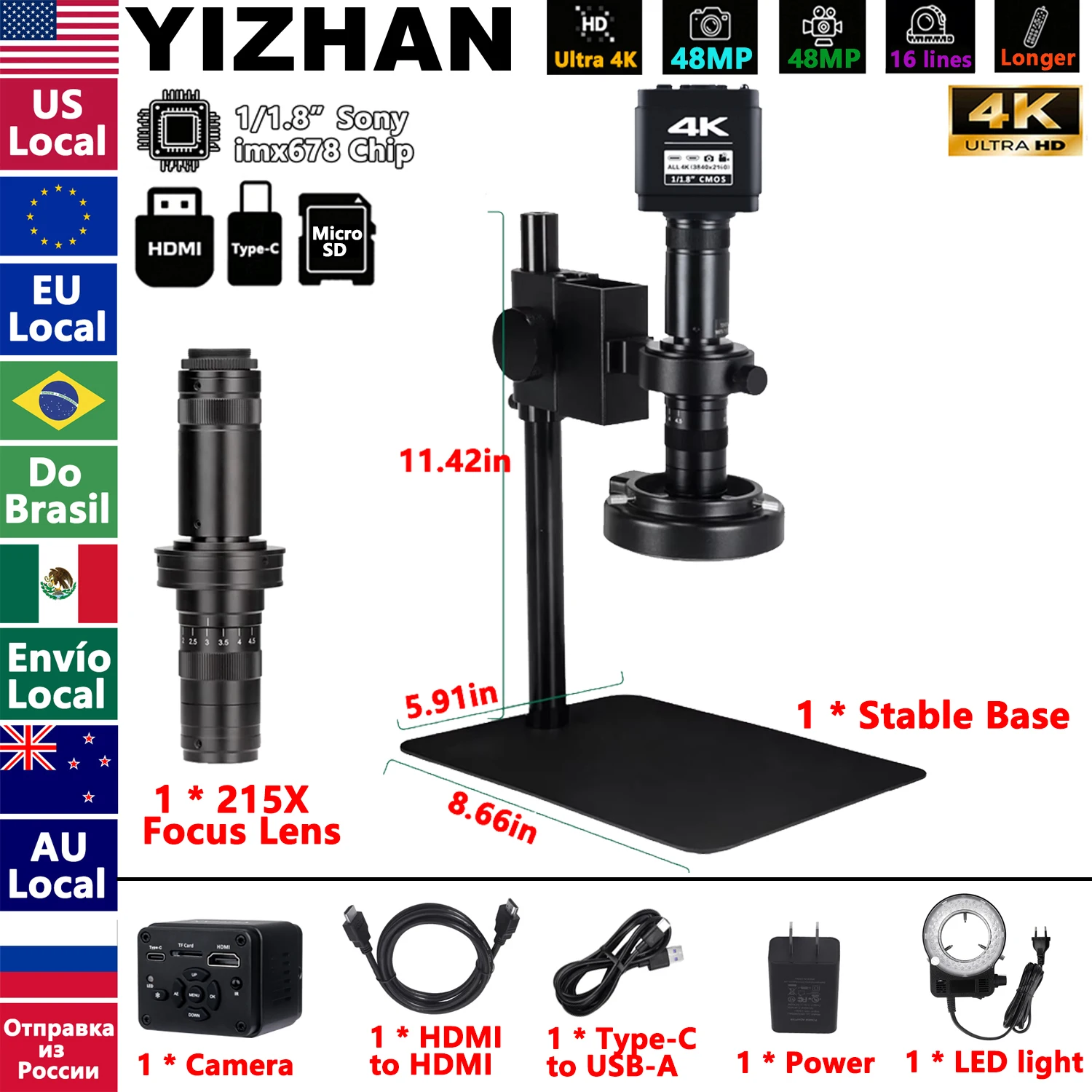 4K UHD professionele industriële microscoop voor solderen, HDMI USB digitale microscoopcamera 1/1.8 "imx678 sensor 215X 150X lens