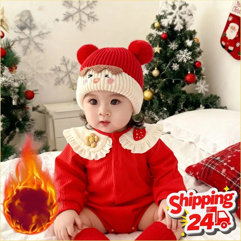 Soft Baby Knit Hat Red New Year Beanie with Ear Protection for Infant and Toddler Winter Knitted Cap Great Christmas Gift Idea