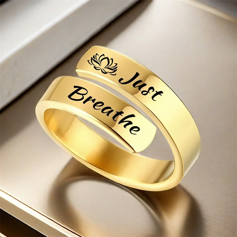 Just Breathe Ring for Women Inspirational Engraved Lotus Stainless Steel Open Ring Encouragement Daily Motivation Love Yourself