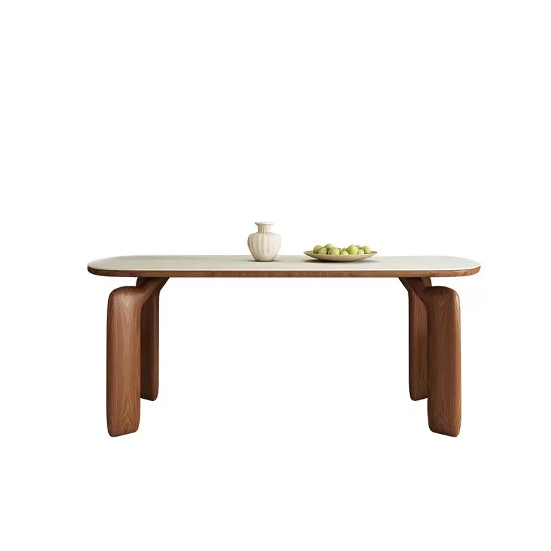 

French retro solid wood imported travertine rock slab long dining table household small apartment Italian minimalist table oval