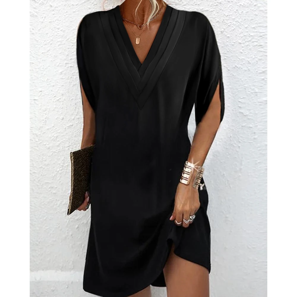 2024 Summer Women Ruched V-neck Half Sleeve Mini Casual Dress Female Black Short Fashion Birthday Dress Robe Femme Streetwear