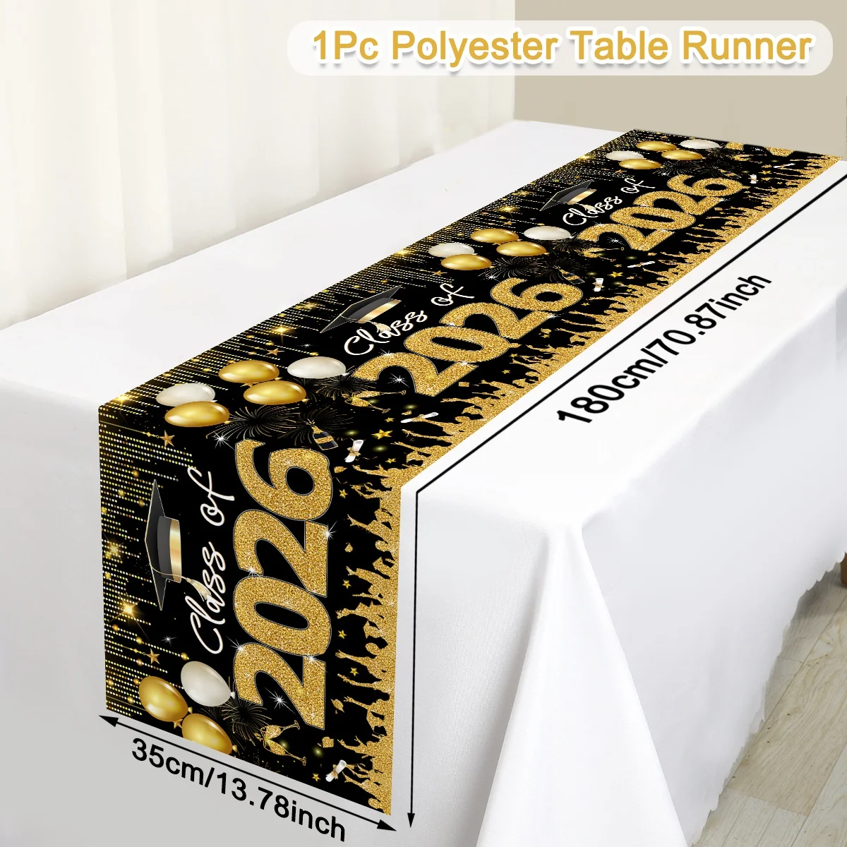 180x35cm Black Gold Graduation Table Runner Congrats Grad Polyester Table Cover for Class of 20626 Graduation Party Table Decor
