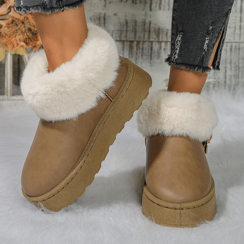 Snow Boots for Women 2024 Winter New Cashmere Boots Fashion Metal Buckle Thick Soles Plush Botas Cotton Shoes for Woman