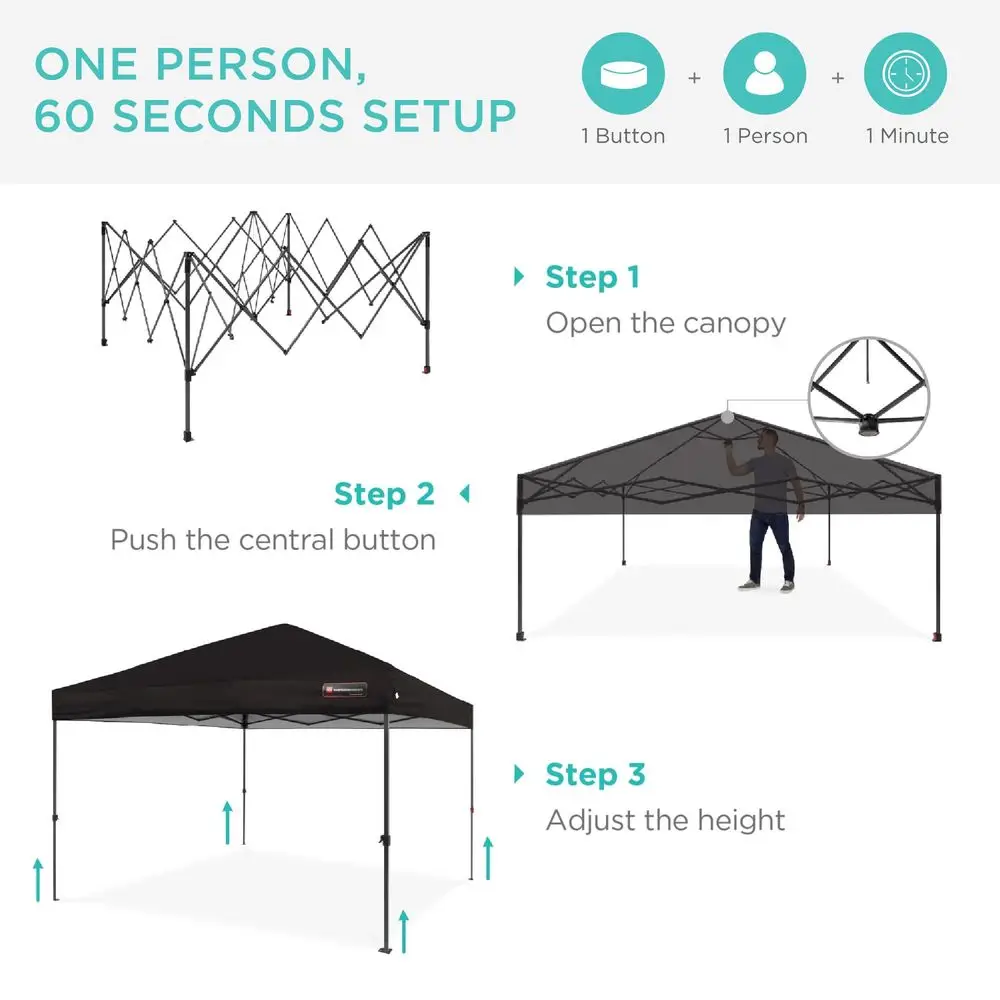 

10x10ft Pop Up Canopy Tent, Outdoor Shade, 1 Person 1 Minute Set Up, Carry Case, 4 Weight Bags Black