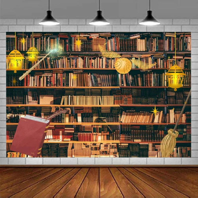 Wizard Magic Bookshelf Photography Backdrop School Books Library Reading Room Background Lantern Glitter Twinkle Birthday Party