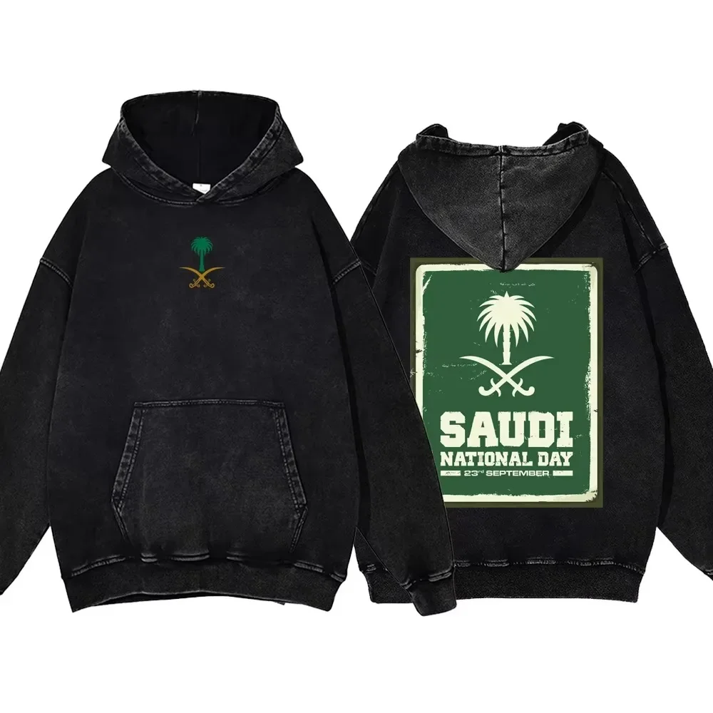 Eid Al-Fitr Hoody Saudi National Day Hoodies 100% Cotton Uniesex Clothing Long Sleeve Tops Casual Vintage Washed Sweatshirt