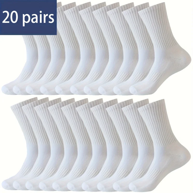

20 пар однотонных длинных спортивных носков, подходящих для занятий спортом на открытом воздухе и повседневной одежды, дышащие прочные белые носки
