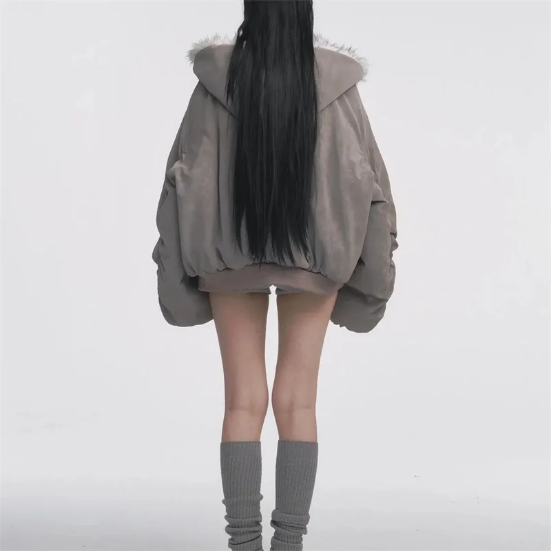 2025 Ｎnová dvojitá ledově modrá špičatá letecká bunda z umělé kožešiny, šetrná k životnímu prostředí, zateplenější s čepicí - náhled 4