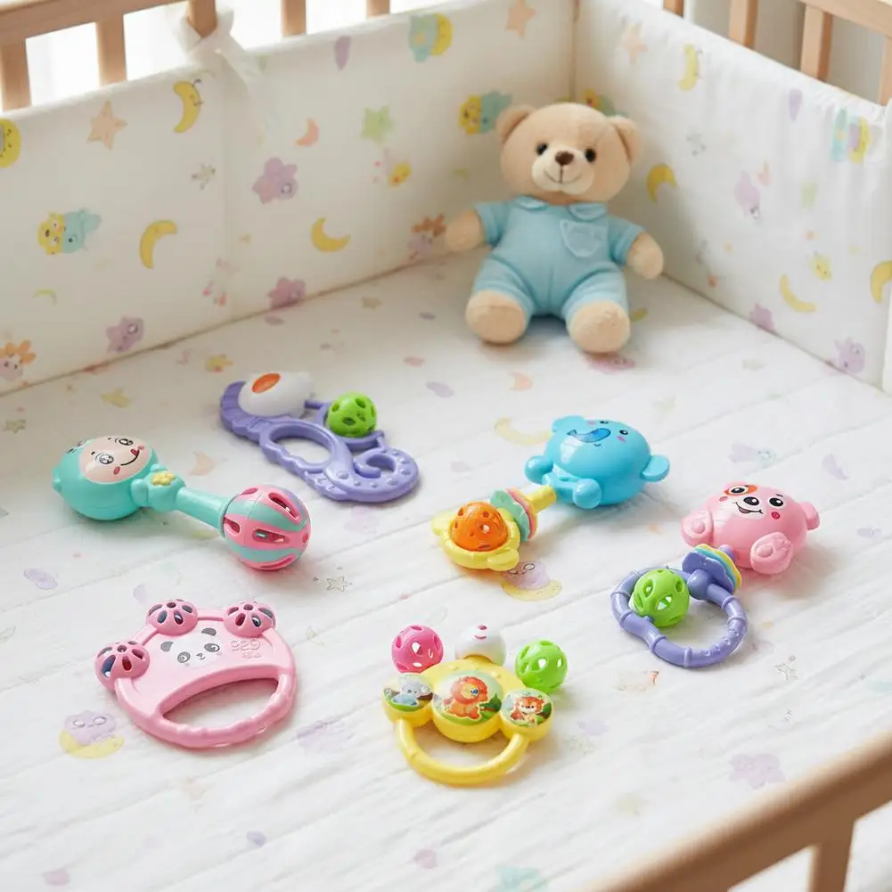 Animal Rattle Handbell Set Infant Developmental Hand Grip Baby Toys Cute Animal with Sound for Newborn Soothing Molar Toys