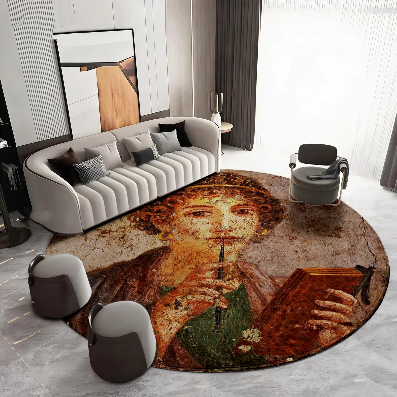 A Round Vintage Art Portrait Area Rug Tapestry Bohemian Living Room Floor Decor Mat Classical Style Artistic Home Accent Rug