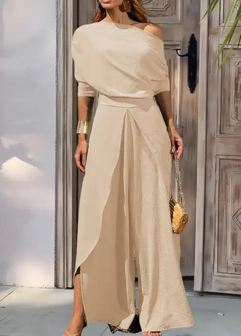 

2026 Элегантный сексуальный новый модный комплект из двух предметов с открытыми плечами и рукавами «летучая мышь» и повседневные широкие брюки с эластичным разрезом на талии