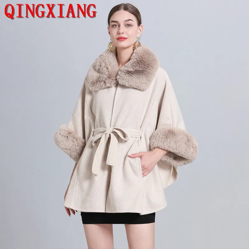 

8 Colors Women Winter Thick Warm Faux Fur Square Collar Out Streetwear Poncho Cardigan Cloak Batwing Sleeve Loose Capes Overcoat