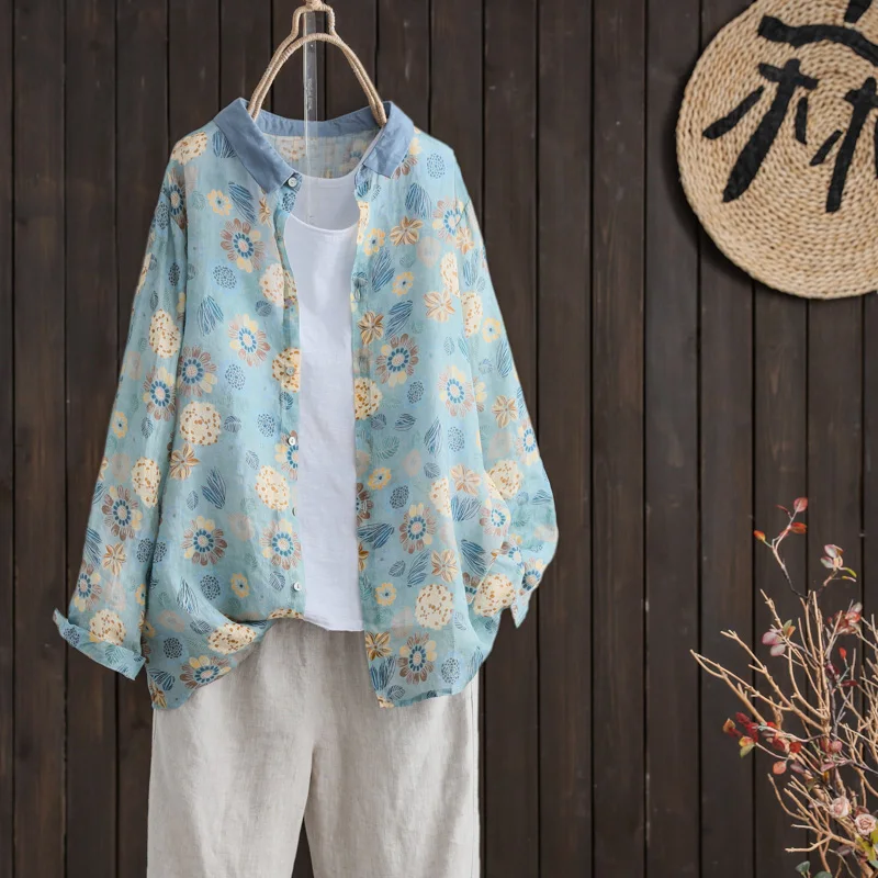 

Retro Print Cotton Linen Women's Long Sve Loose Fit irt Autumn Design Versatile Thin Blouse for Busin Casual