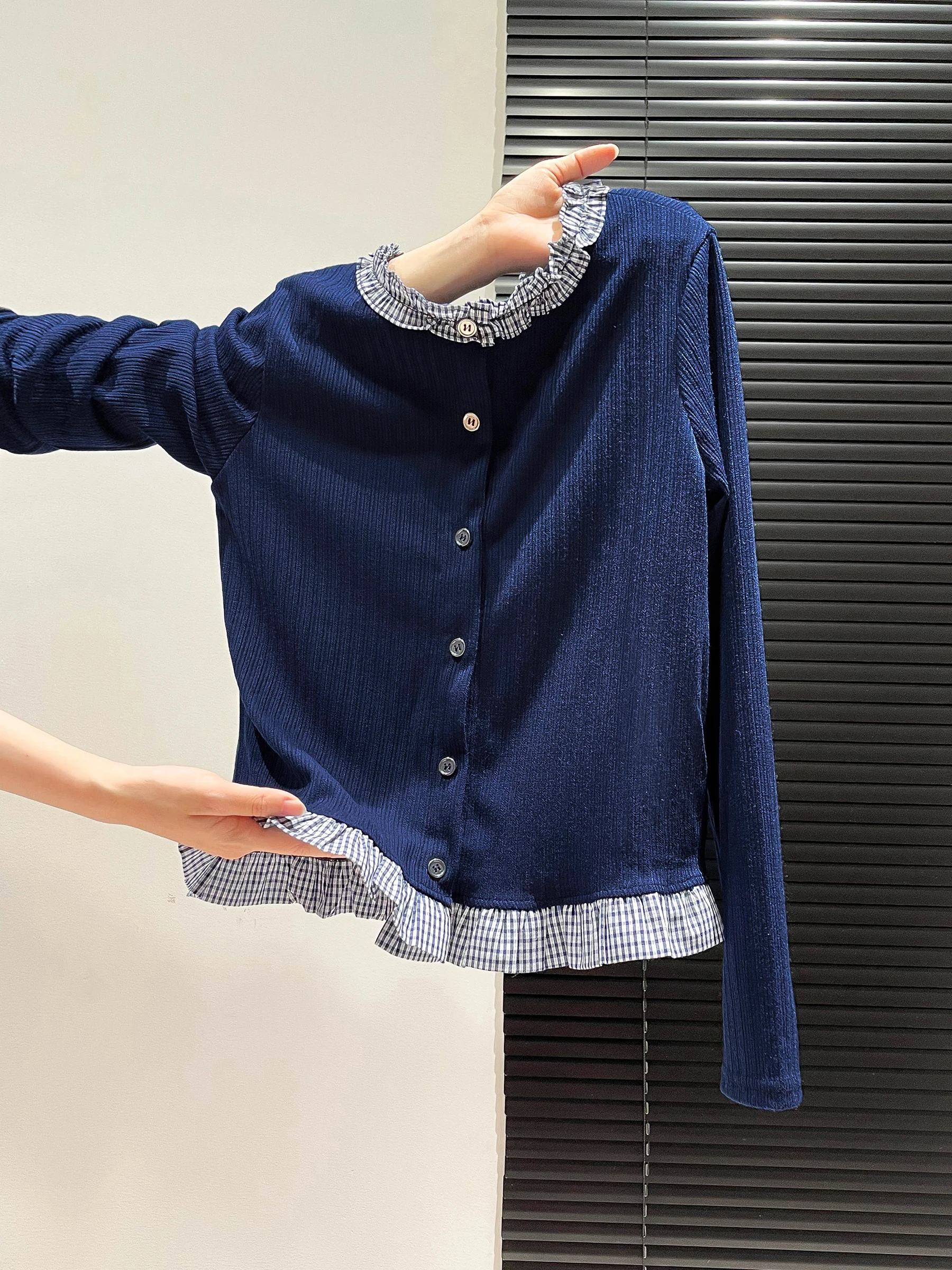 

Французский вязаный кардиган, женский базовый слой irt с деревянными рюшами цвета Blo Design, хлопковый длинный свитер свека