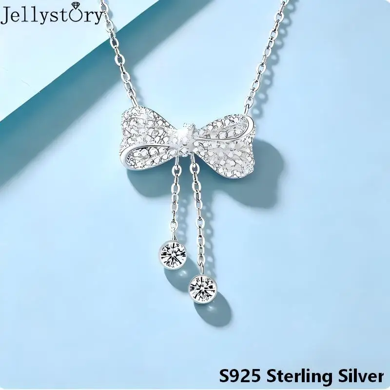 JellyStory ハイエンド カワイイ キュート ネックレス 925 スターリングシルバー タッセル リボンデザイン モアサナイト 鎖骨ジュエリー バレンタインデー ギフト 1