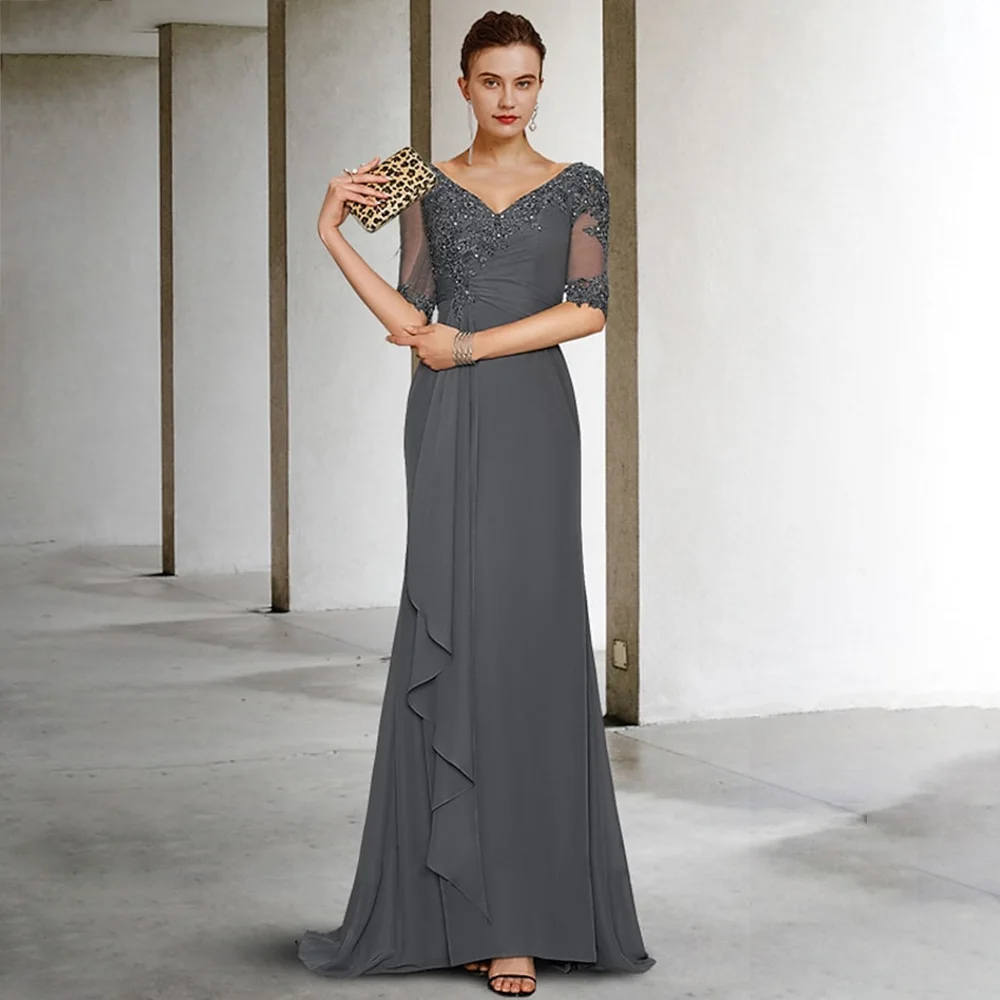 

Weilinsha Gray Wedding Guest Dresses for Women 2023 V Neck Beading Sequin Applique A Line Chiffon Mother of The Bride Dress