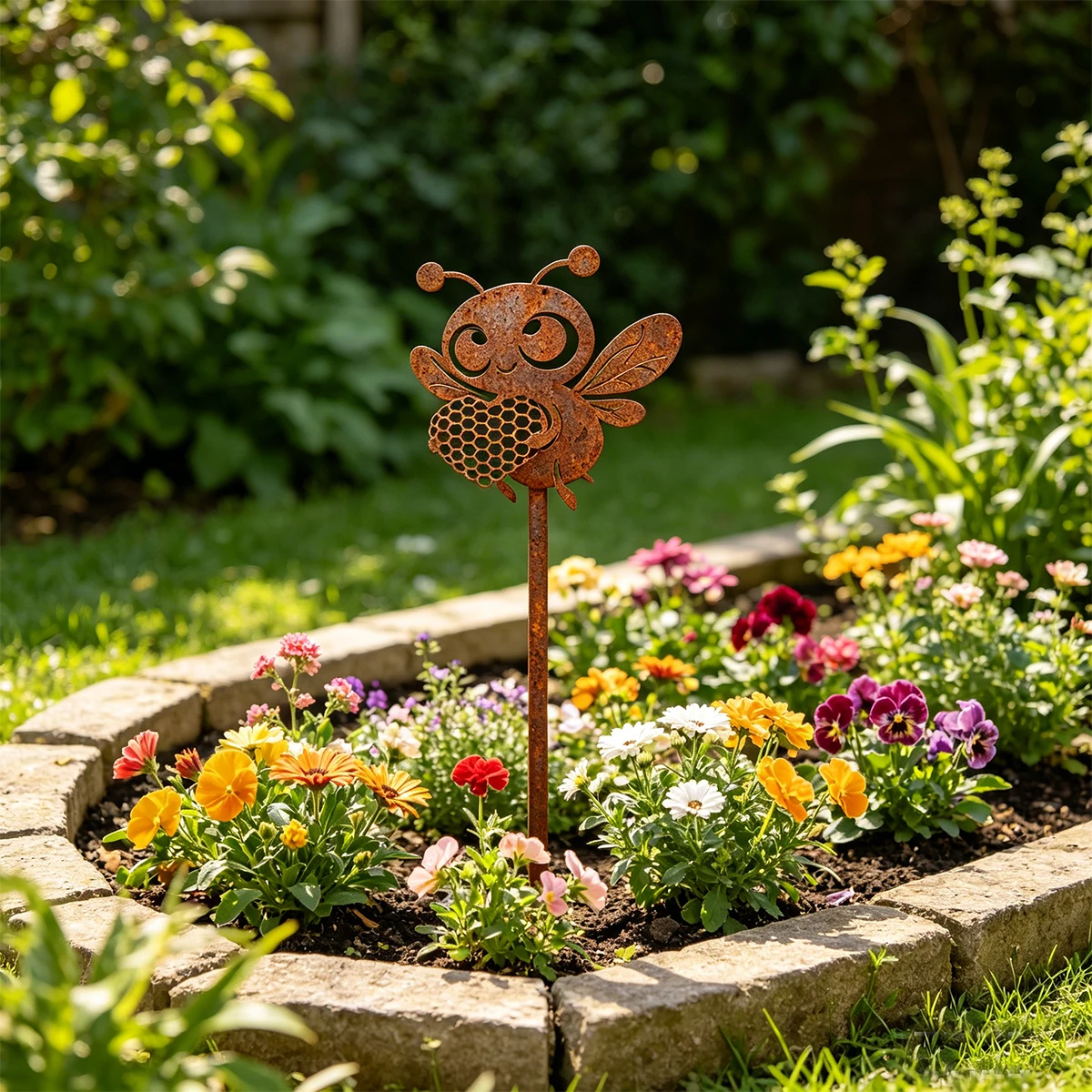 1Pc Iron Garden Decoration Stake, Bee-Shaped Garden Stake, Cute Cartoon Image of a Little Bee Holding a Beehive, Garden Elf, Sui