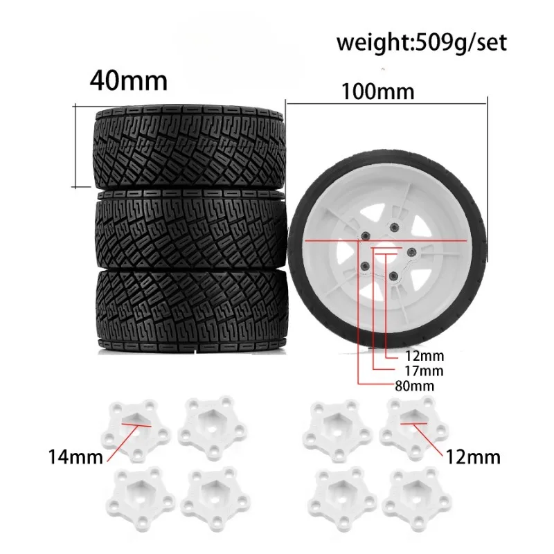 

Racing Tires 100X40mm Adapter 17mm/12mm/14mm 4PCS for 1/6 KM 1/7 1/8 MJX W247 RC Model Rally Car Accessories
