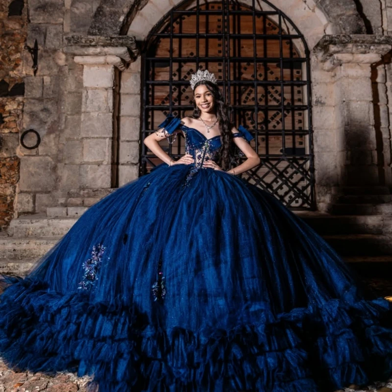 Navy Blue Glitter Quinceanera Dresses Off Shoulder Ball Gown Sweet 16 Dress Applique Lace Beading Bow Tiered Tull Corset Party