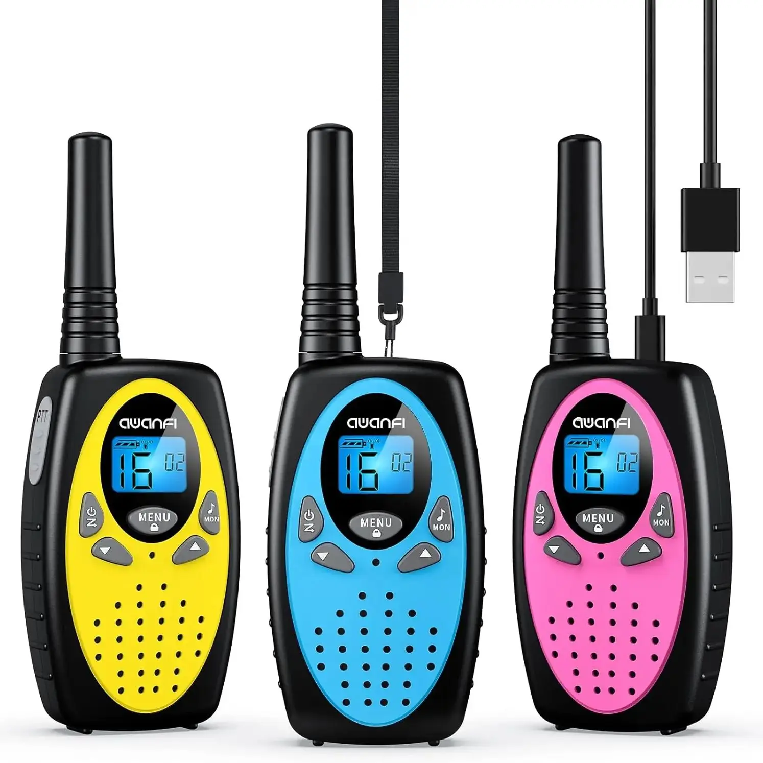 AWANFI Walkie Talkies Rechargeable 3 Pack for Kids Adults, 2 Way Radios with 1200 mAh Li-ion Battery, 22 Channels for Outdoor