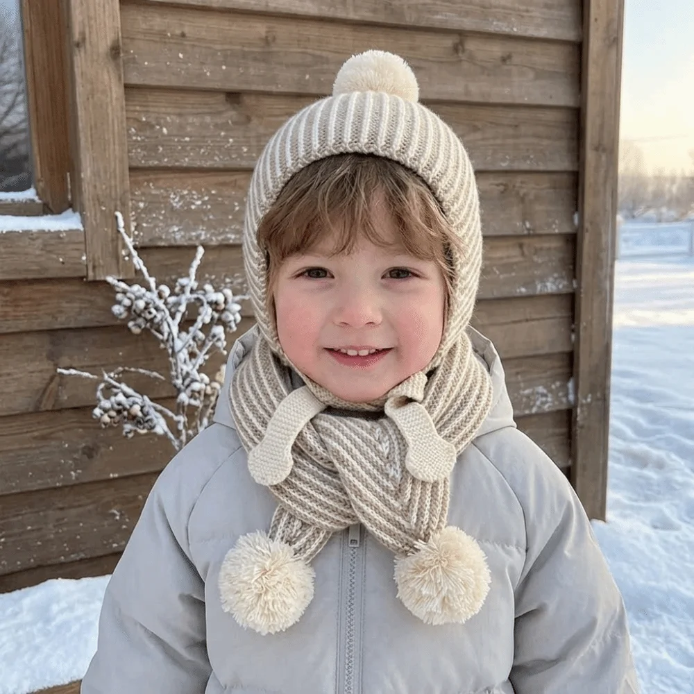 Fashion Stripe Children Scarf Hat Set Fur Ball Ear Cap Wool Beanie Hat Scarves Neck Warmer Warm Knitted Cap Girls