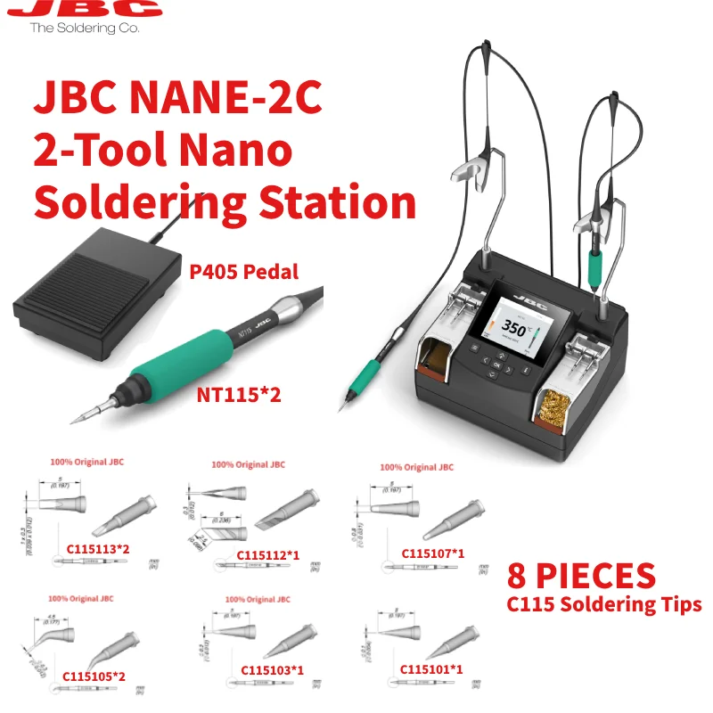 100% оригинальная 2-инструментная нано-паяльная станция JBC NANE-2C с ручкой NT115-A, 8 шт., паяльные жала C115 для точности применения
