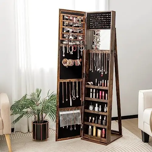 Jewelry Armoire with Full Length Mirror, Lockable Standing Jewelry Cabinet Organizer with Large Storage Capacity