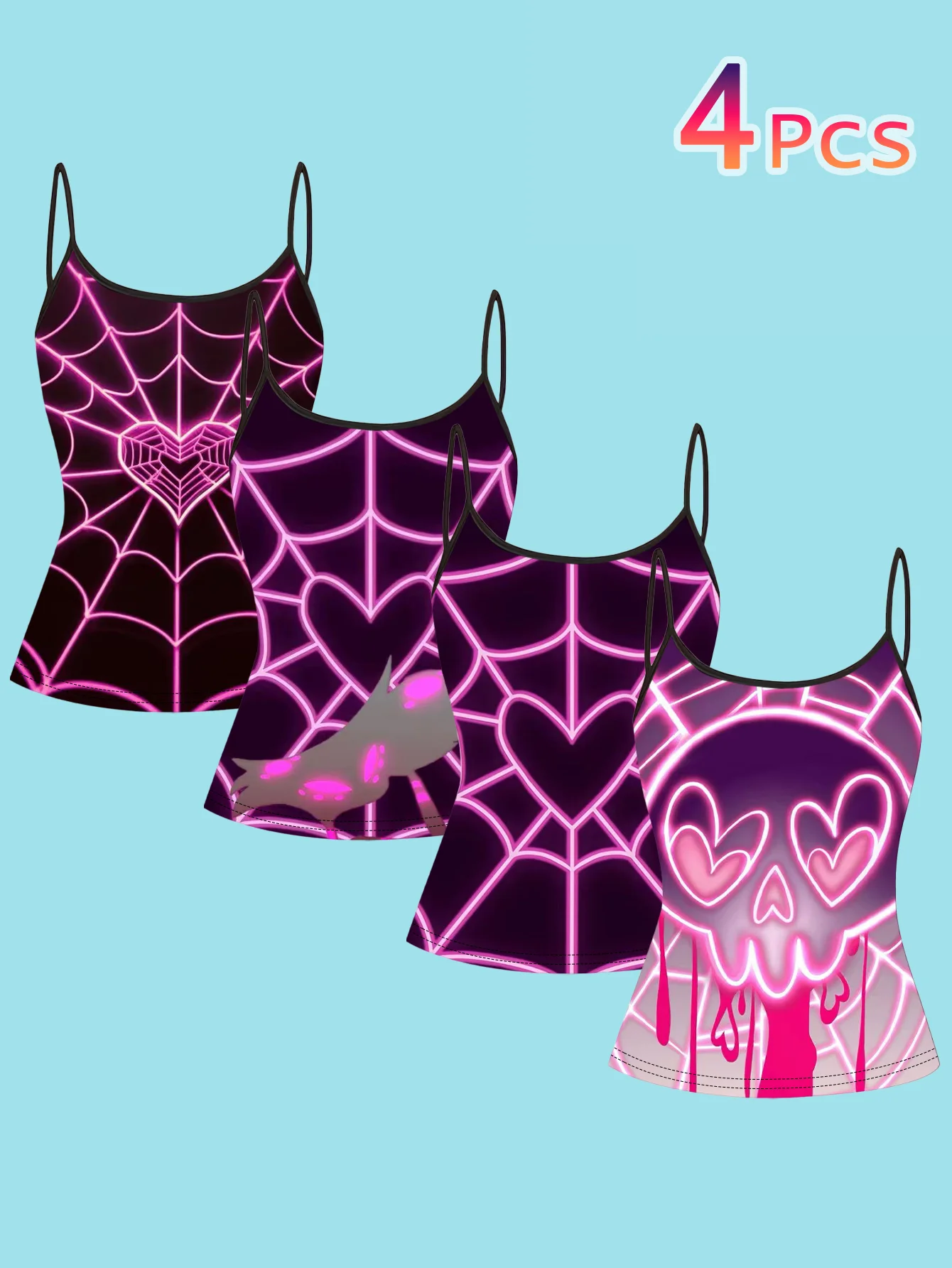 4-Piece Set of Women's Spaghetti Strap Camisoles with Black Base, Neon Pink Spider Web, Heart, and Skull Prints, Sweet and Cool Subculture Style, Slim Fit Sleeveless Tops