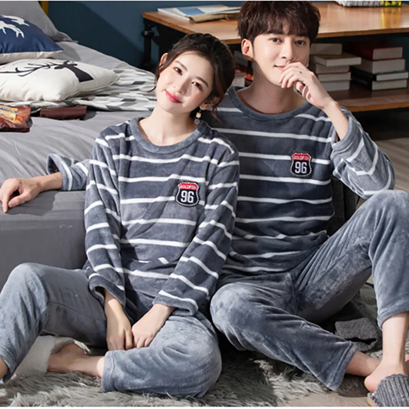 2pcs/Set Fall And Winter Coral Fleece Couple Pajamas Women\'s Thickened Padded Warm Facecloth Men\'s Home Wear Clothes top + pants