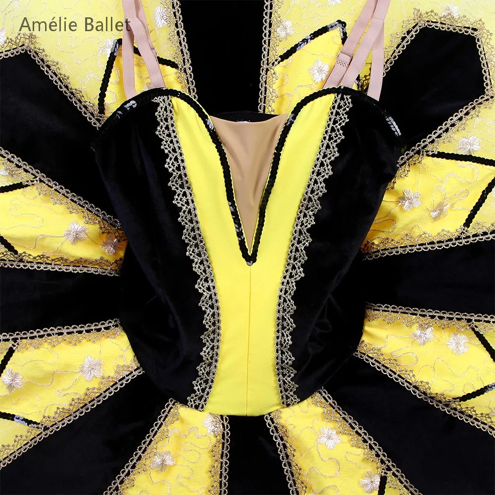 BLL587 Zwart Fluwelen Lijfje met Gele Stijve Tule Tutu Pre-professionele Ballet Tutu Meisjes & Vrouwen Prestaties Danskostuum