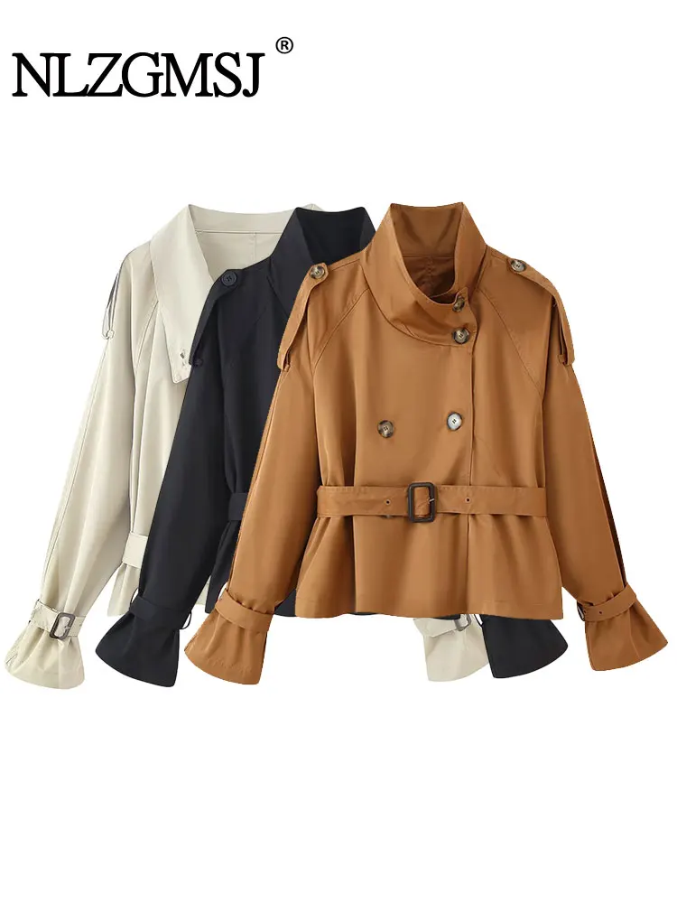 

NLZGMSJ с поясом, женская свободная куртка, осень 202, двубортный плащ с длинными рукавами и стойкой, женская верхняя одежда, ветровка Y2K