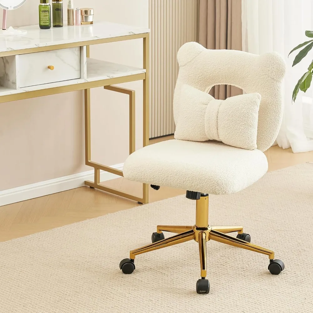 Vanity Desk Chair, Modern Cute Chair with Wheels Height Adjustable Armless Cozy Upholstered Chair with Lumbar Pillow