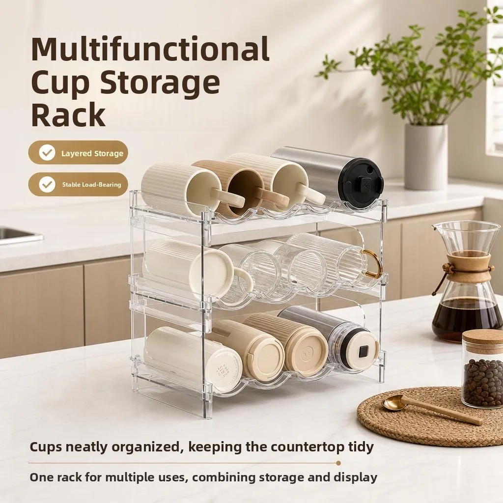 

Transparent Multi-Layer Cup Storage Rack Home Desktop Dining Cabinet Thermal Cup Organizer Plastic Suction Cup Installation