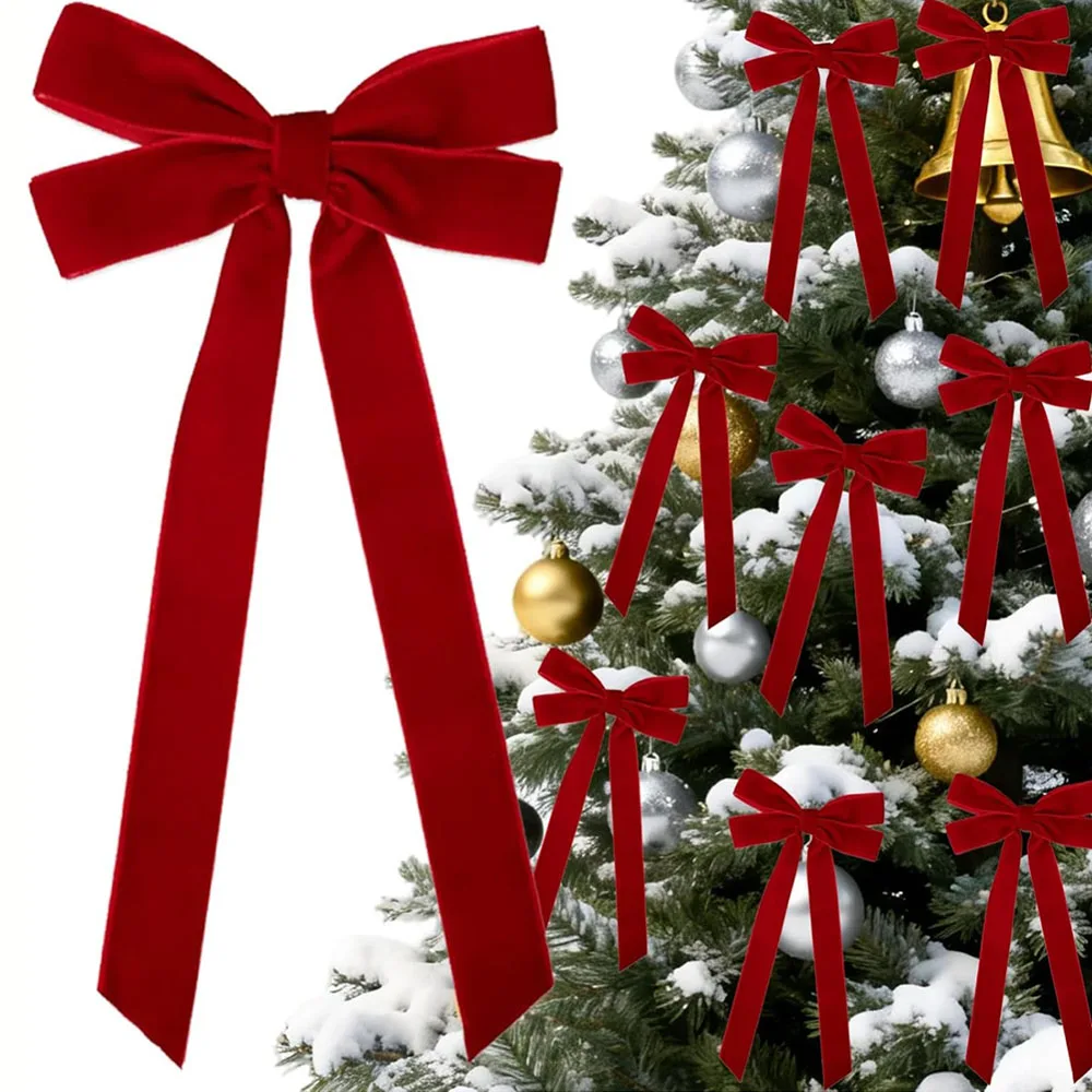 6/12 lazos de terciopelo burdeos para decoración de árbol de Navidad, guirnaldas festivas, cintas de tela suave, adornos navideños.