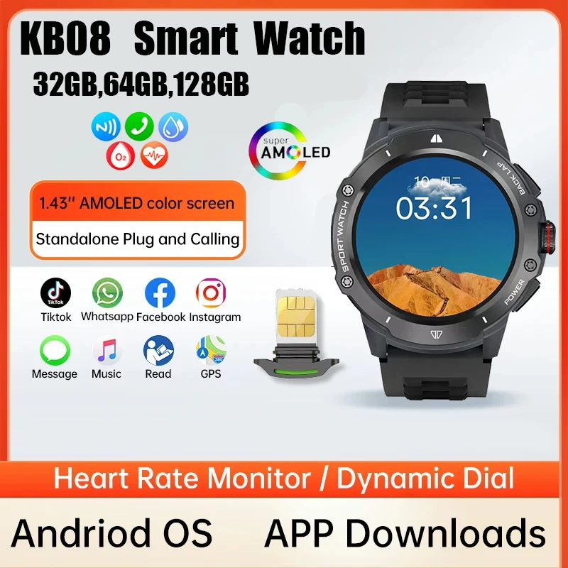 KB08 Smart Watch 4G LTE Cellular Smartwatch Phone AMOLED Screen 128GB ROM Call Reminder Heart Rate Monitor Smart Watch Men ﻿ ﻿