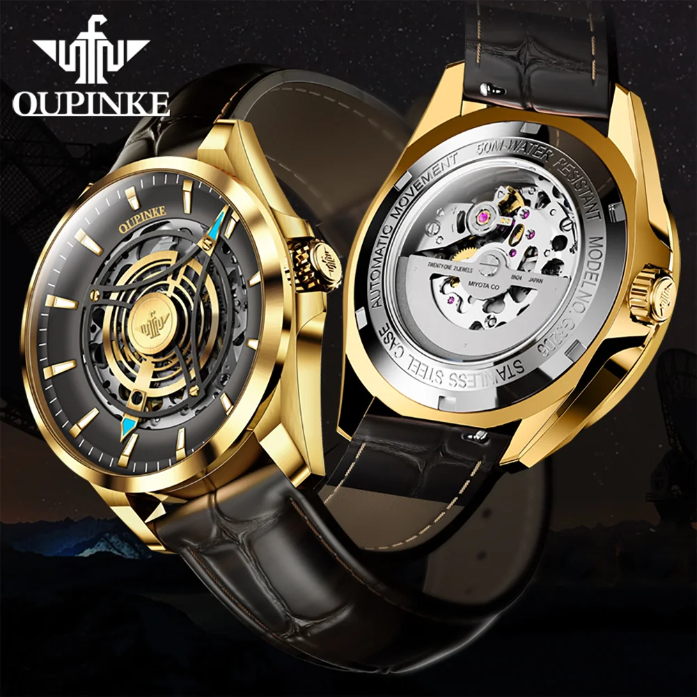 OUPINKE 3206 Fashion Hollow Mechanical Watch For Men Top Brand Automatic Wrist Watch Synthetic Sapphire Mirror Man Hand Clock