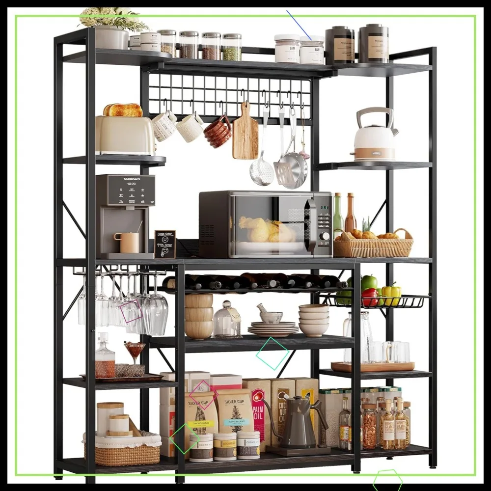 

Подставка для микроволновой печи шириной 62 дюйма с розеткой, винтажная черная кухонная тумба с полками для хранения и кофейным столиком