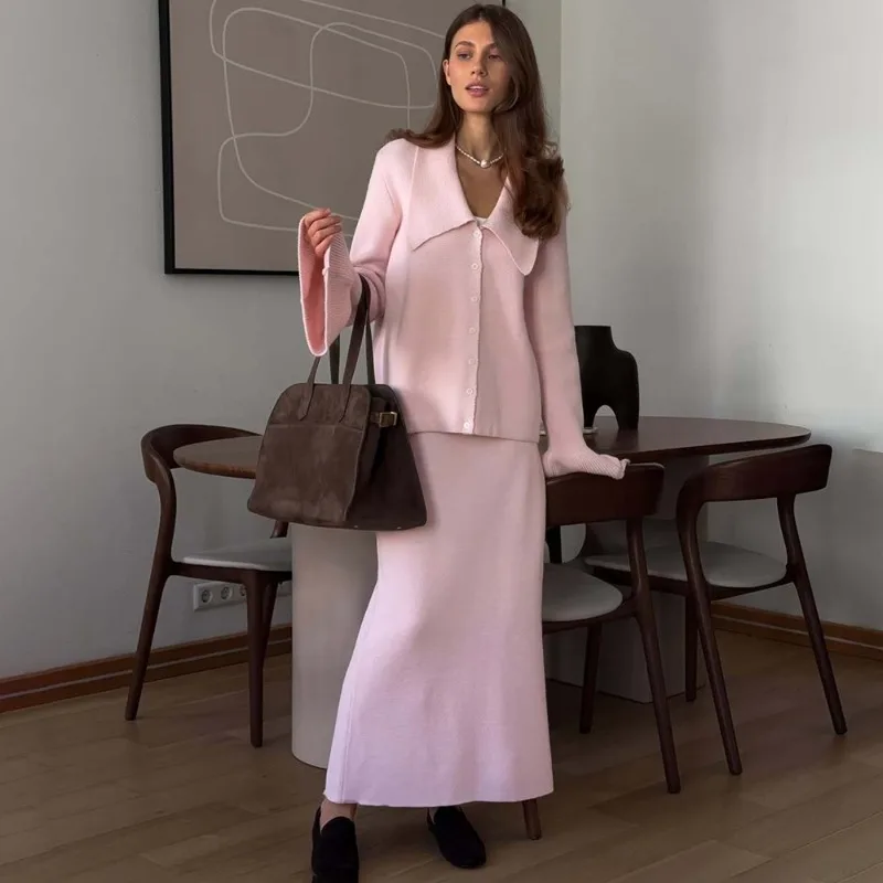 

Tuularose Elegant Dress Set Women's Long Sleeve Knit Cardigan Top Slim Casual Maxi Skirts Set 2025 New Autumn Fashion Dress Set