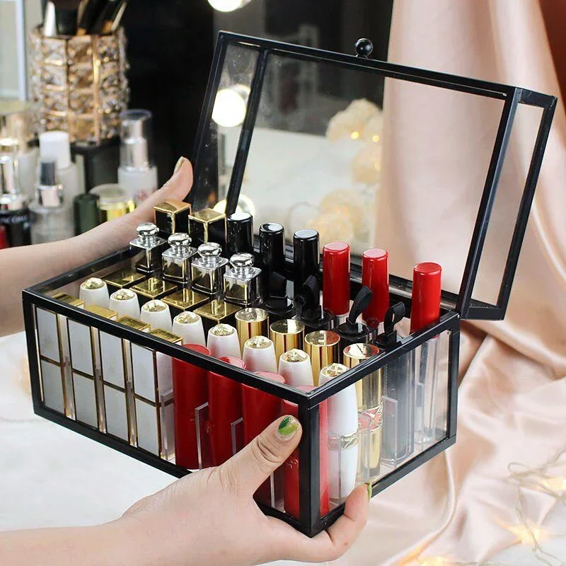 40 Slots Glass Lipstick Holder Dustproof Display Case Beauty Storage Box Luxury Makeup Organizer with Lid