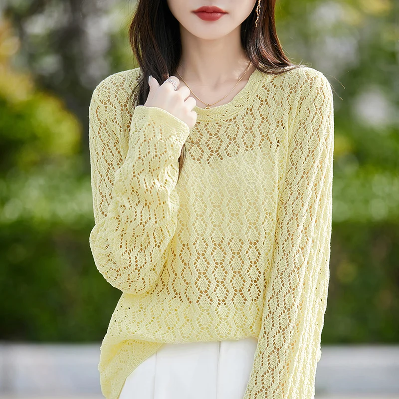 

100% льняной вязаный свитер, женская одежда, весна-осень 2025, новый пуловер с длинными рукавами и круглым вырезом, свободные модные большие топы