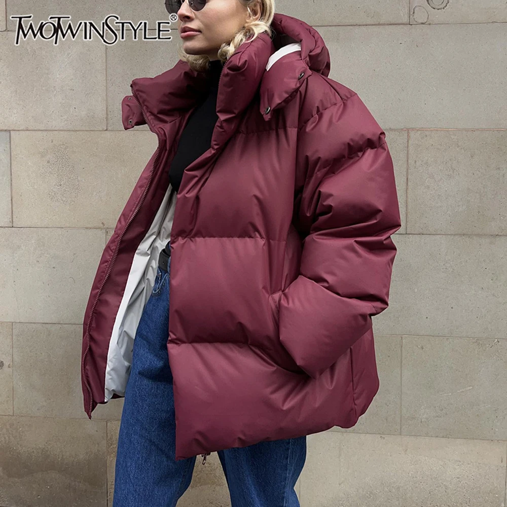 TWOTWINSTYLE Solid Minimalist Parka For Women Hooded Long Sleeve Patchwork Single Breasted Temperament Coats Female Fashion New