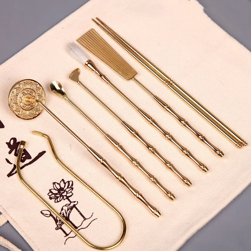 Juego de incienso de cobre puro de siete piezas, herramienta de sellado de incienso DIY, cuchara, pala, prensa de ceniza, sello de golpe, suministros de aislamiento de fuego ahumado de aire