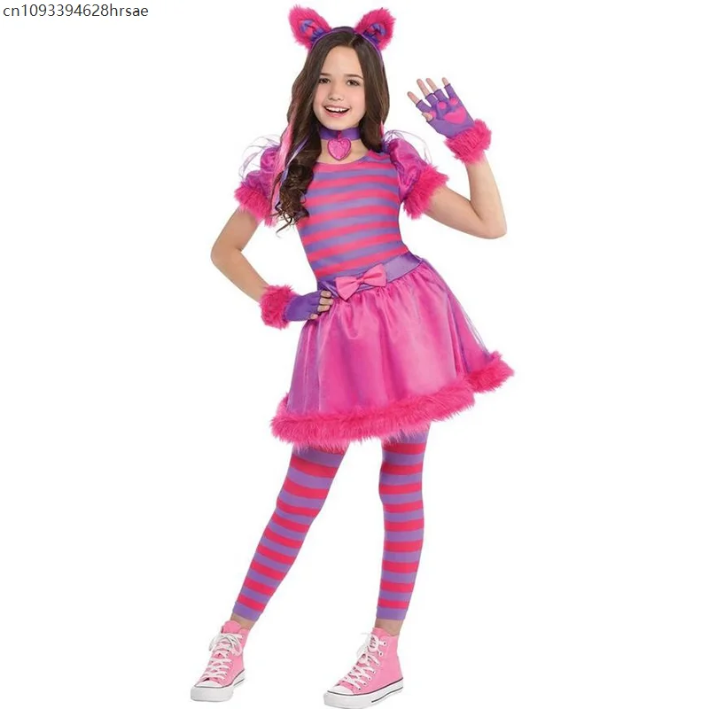 

Girls Cheshire Cat Costume Pink And Purple Wonderland Child Cute Alice Cat Fancy Dress Up