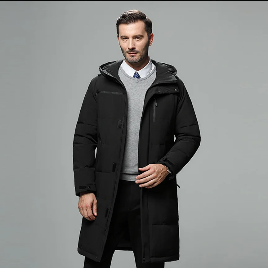 Winter Men Coat Thicken Windproof Long Sleeve Warm Male Down Outerwear Simple Solid Color Mid Length Hooded Man Jacket
