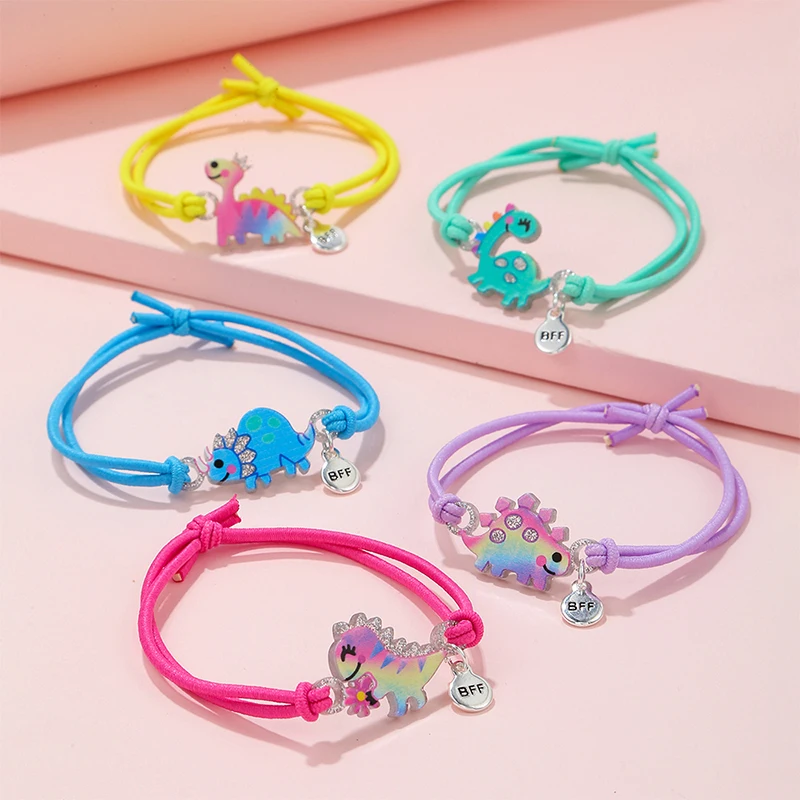 5Pcs/set Cute Cartoon Dinosaur Acrylic Charm Stretch Rope Bracelet for Girls Hairband Use Party Birthday Gift